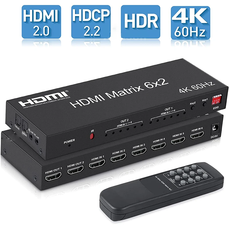 6x2 HDMI Switch Matrix 4K 60Hz HDMI Matrix 6 in 2 Out HDMI Video Switcher Splitter with Audio Extractor/IR Remote Control/EDID
6x2 HDMI Switch Matrix 4K 60Hz HDMI Matrix 6 in 2 Out HDMI Video Switcher Splitter with Audio Extractor/IR Remote Control/EDID