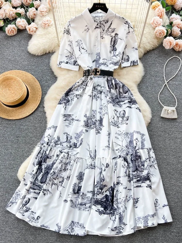 Summer Runway Vintage Shirt Dress For Women Turn Down Collar Short Sleeve Ink Print Holiday PU Leather Belt Party Long Vestidos
Summer Runway Vintage Shirt Dress For Women Turn Down Collar Short Sleeve Ink Print Holiday PU Leather Belt Party Long Vestidos