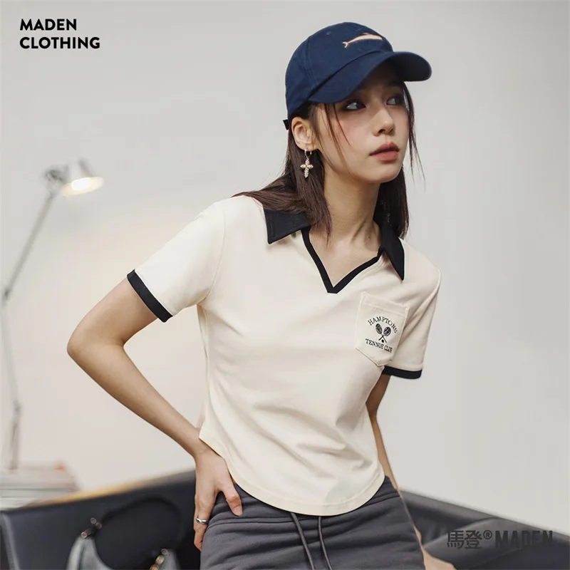 

Maden Vintage V-Neck Polo Shirt for Women High Waist Slim Short-sleeved T-shirt Black and White Splicing Contrasting Color Top