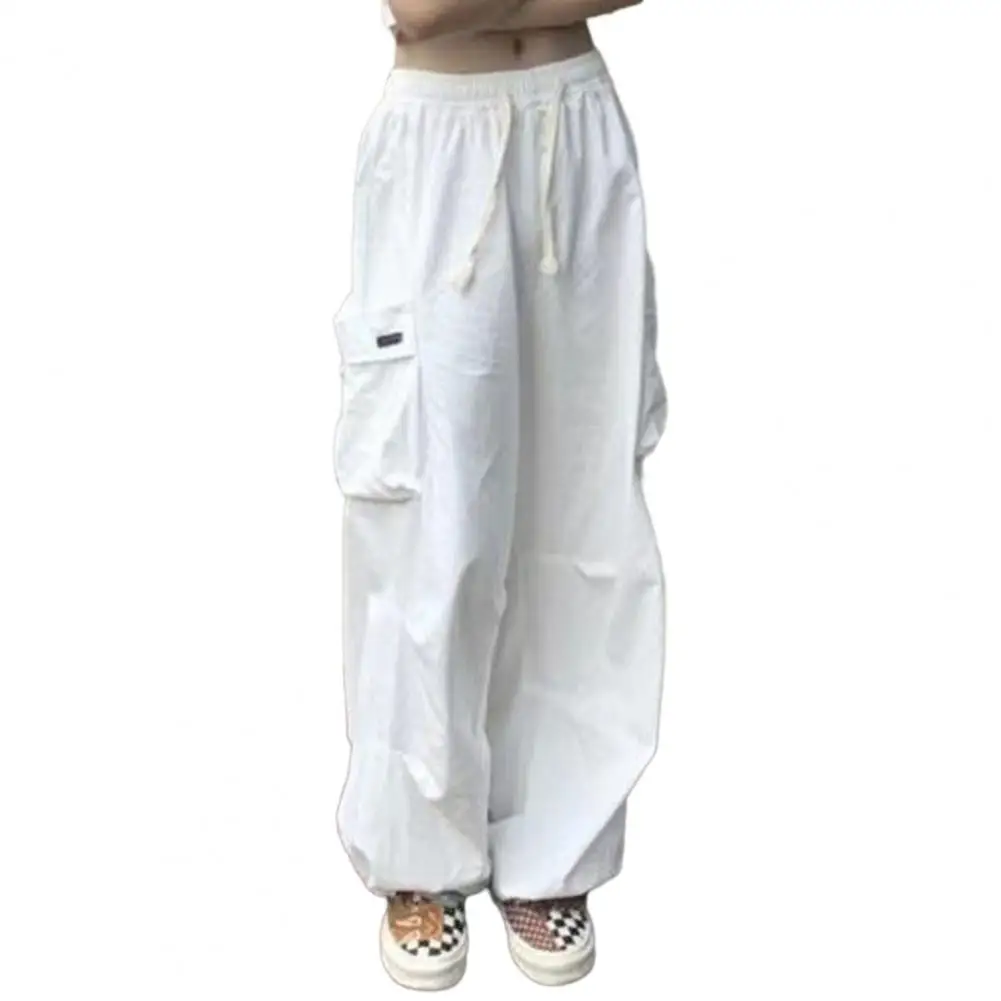 

Solid Color Casual Cargo Pants Women Elastic High Waist Drawstring Wide Leg Pockets Sport Pants Shrinkable Cuffs Jogger Trousers