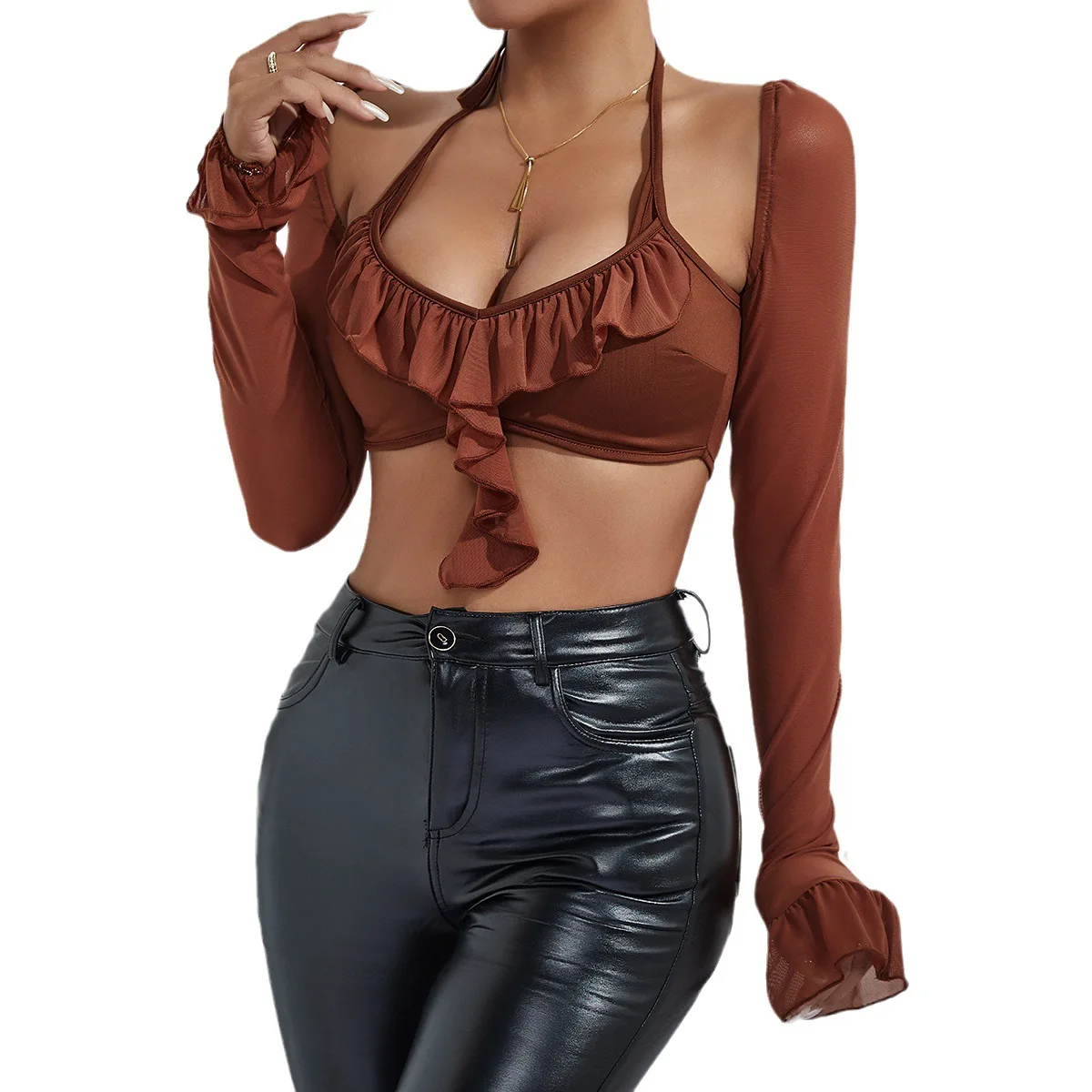 

Women's New Sexy Spicy Girl Hollow Hanging Neck with Ruffle Edge Spliced Open Navel Long Sleeved Top 2024