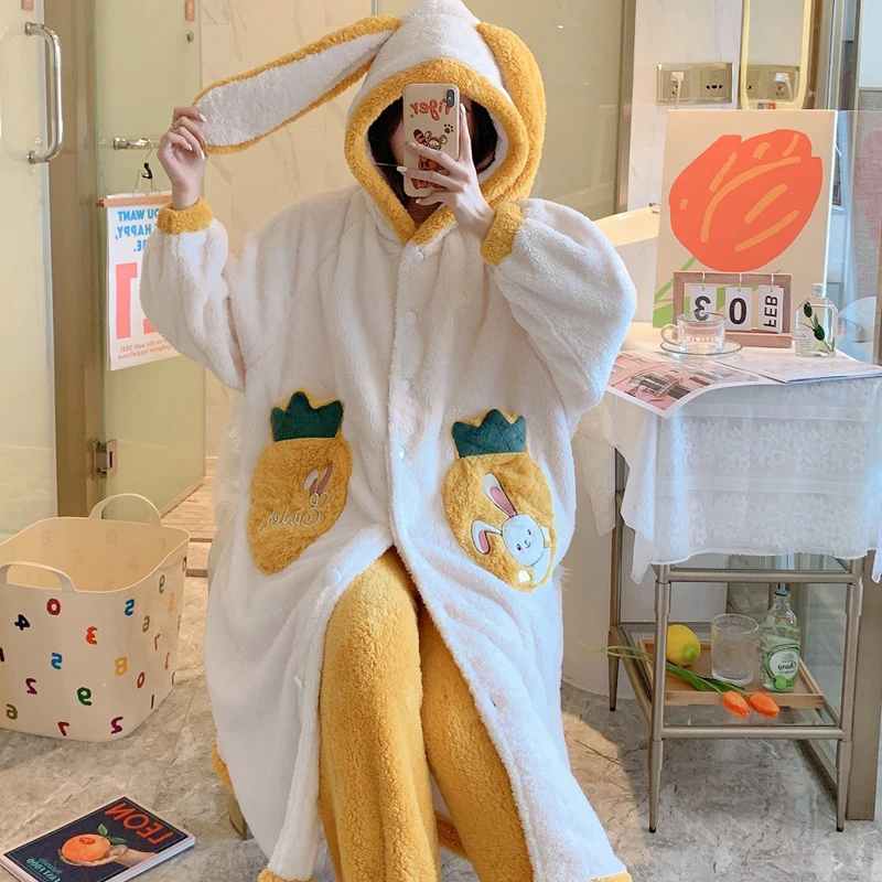 Kawaii Rabbit Night-robe Women Sleepwear Winter Thicken Pajamas Set Unisex Plush Warm Hooded Two-piece Night Gown
Kawaii Rabbit Night-robe Women Sleepwear Winter Thicken Pajamas Set Unisex Plush Warm Hooded Two-piece Night Gown