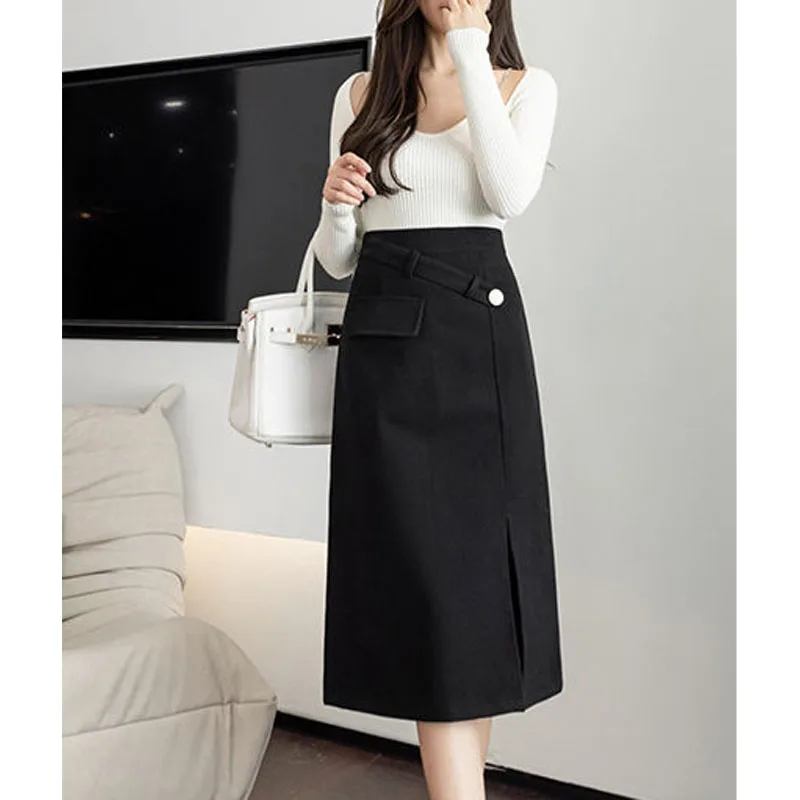 

Autumn and Winter Fashion Trend Light Luxury Woolen High Waist Half Skirt with Slim Slim Western Style Women's One Step Dress