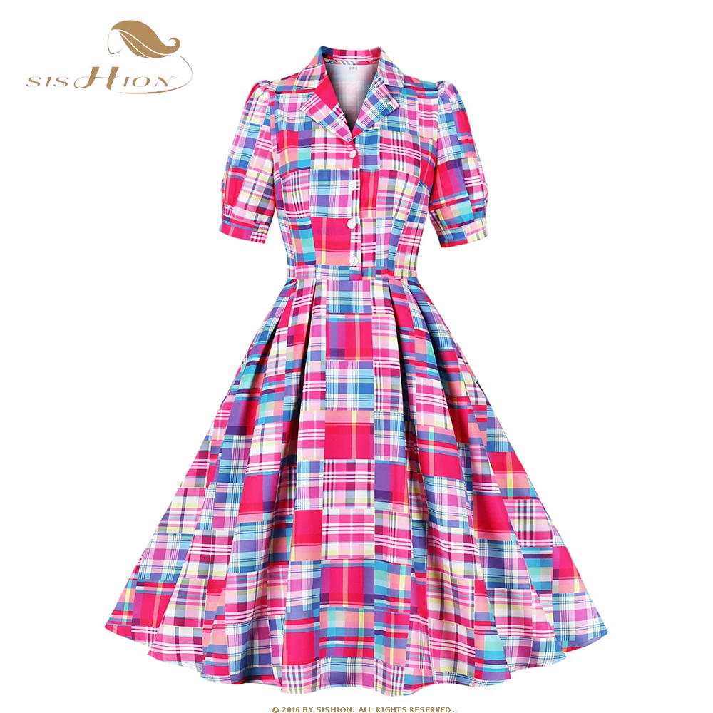 

Colorful Plaid Print Shirt Party Summer A Line Dress Elegant Turn Down Collar Vintage Women 50s 60s Pinup Swing Dress SR992