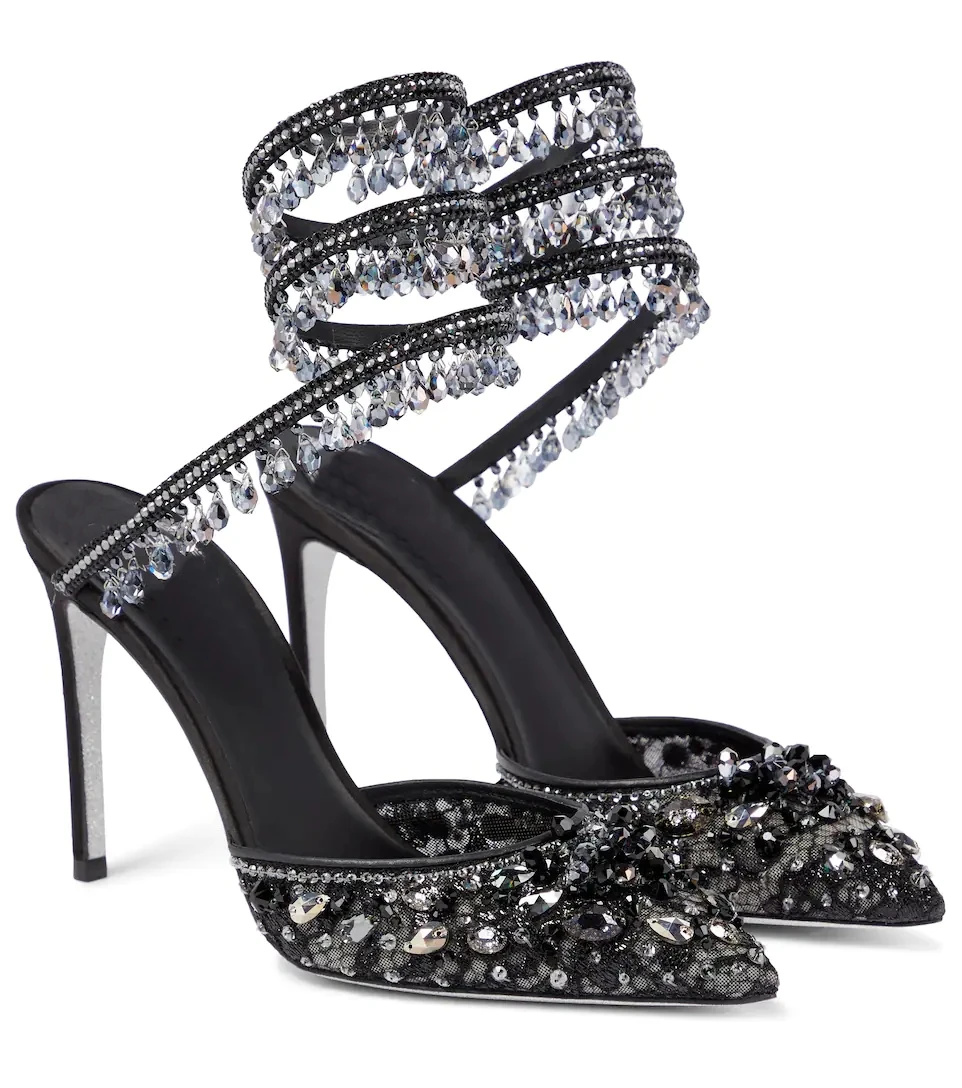 

Chandelier Stiletto Sandals Snake-like Ankle Straps Sequin Upper Shimmering Crystal Pointed Toe Slingback Brand Design Shoes