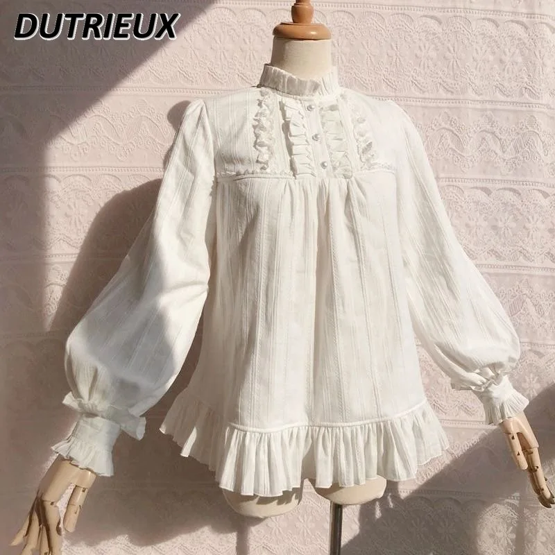 

Autumn and Winter Fleece-Lined New Girl Ruffled Lace Lolita Long Sleeve Jacquard Shirt Japanese Style Sweet White Bottoming Tops