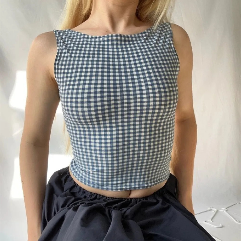 

Blue Checkered Bow Tank Top Trendy Bow Strap Dacron Women's Suspender Tops Slim Fit Tank Top
