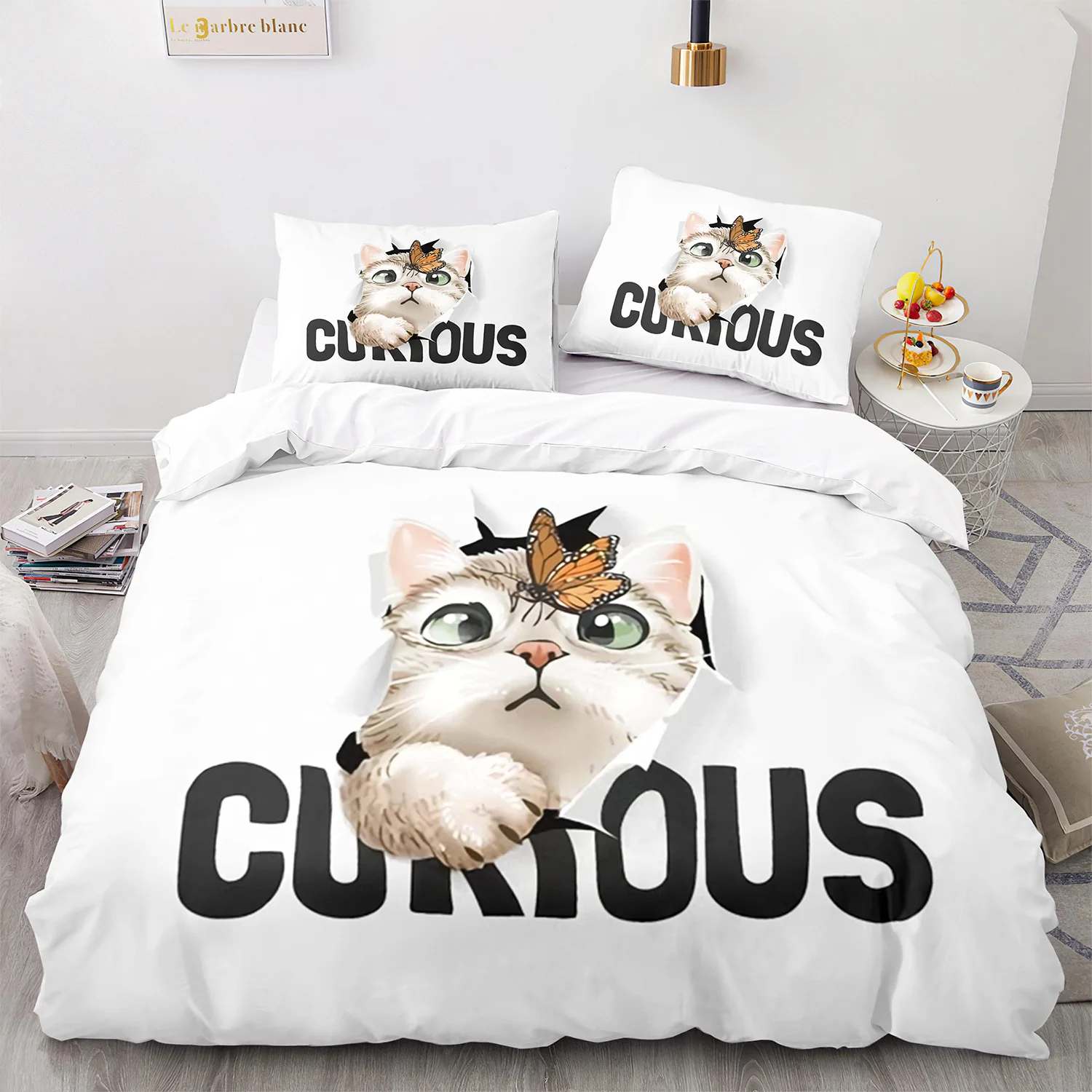 

Комплект постельного белья с милым рисунком кота, животного, 3D пододеяльник, одеяло, льняные наволочки, пододеяльник, домашний декор, подарок, одинарный, двойной, Королевский