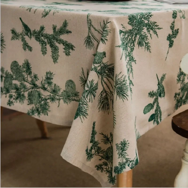 

Warm Color American Pastoral Country Green Leaf Tablecloth, Pine Tree Cotton Linen Printing Flower And Bird Coffee Table Cloth