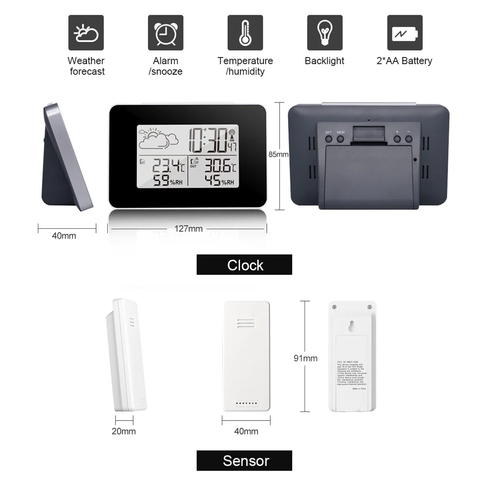 Weather Station Alarm Clock Electronic Digital Temperature Humidity Meter Barometer Desk Watch Snooze Wireless Sensor Forecast
Weather Station Alarm Clock Electronic Digital Temperature Humidity Meter Barometer Desk Watch Snooze Wireless Sensor Forecast