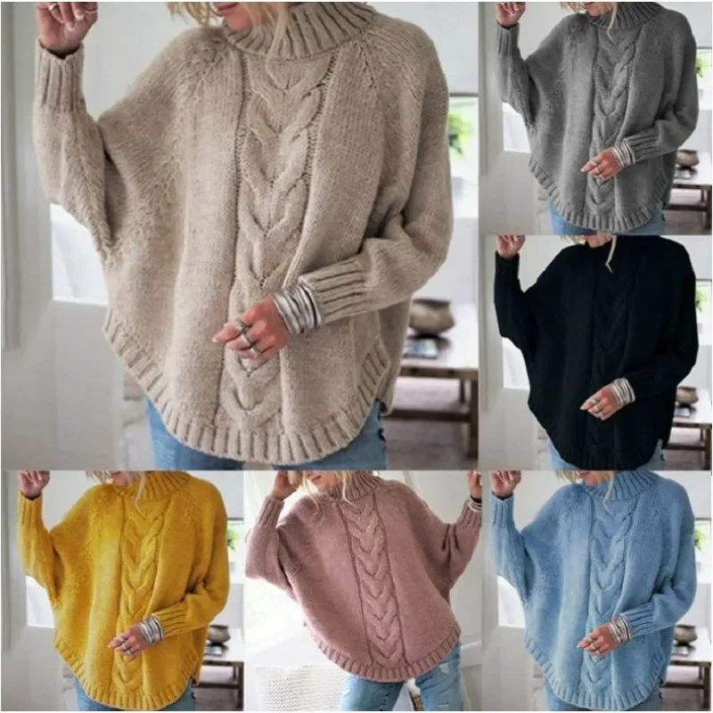 

New Arrivals Exquisite Design Autumn Winter Women's Batwing Sleeve Sweater Half Turtleneck Cable Loose-Fitting Sweater