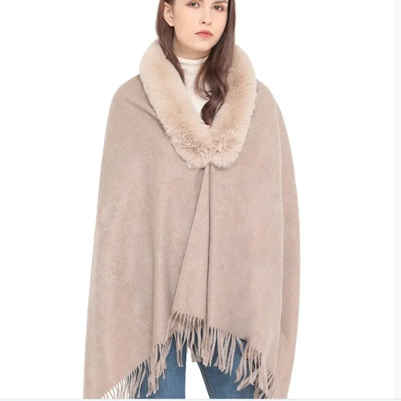 

Autumn Imitation Fur Collar Scarf Cape Winter Warm Women Scarf Shawl Dual Purpose Ponchos Lady Capes Cloak Beige Cardigan