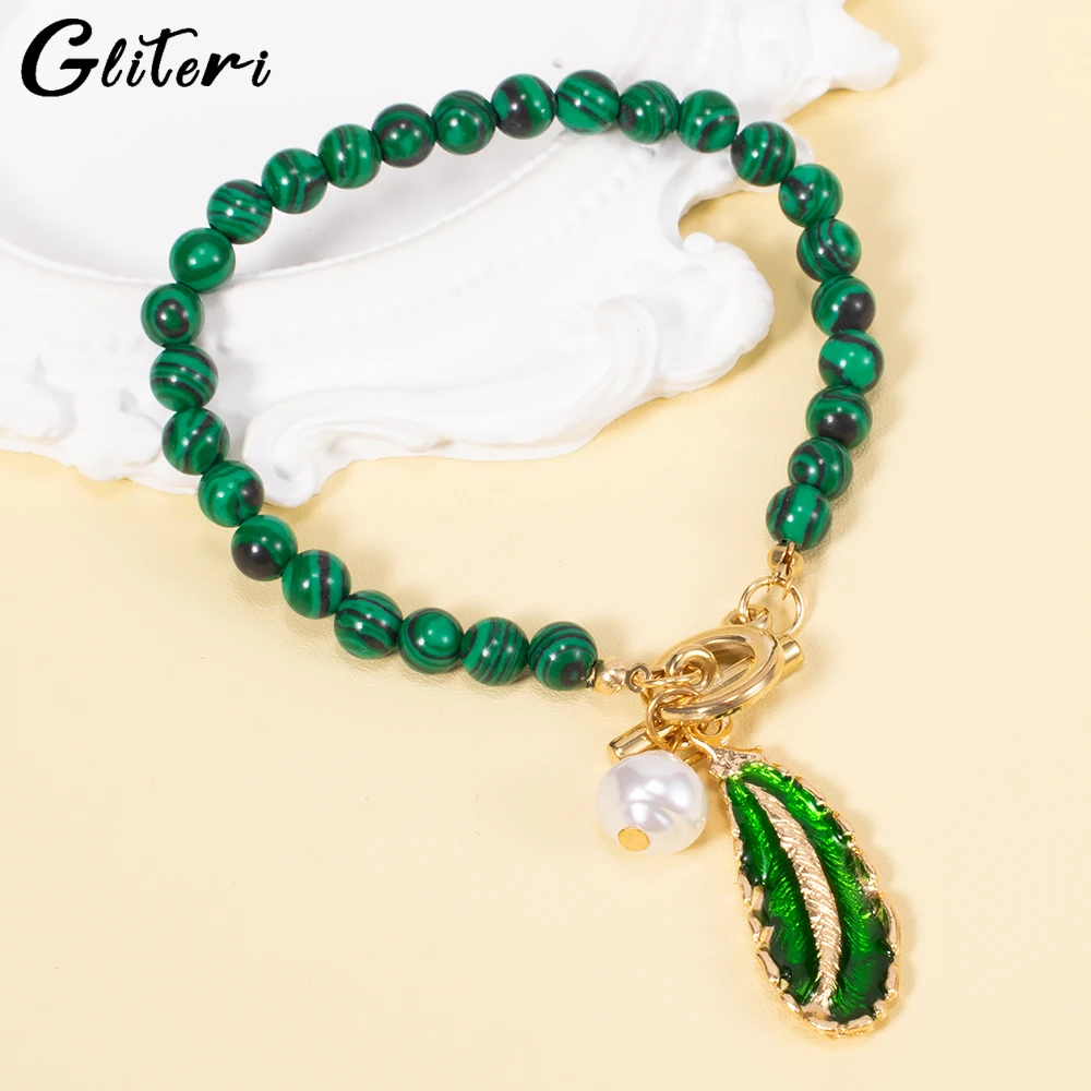 

GEITERI Vintage Malachite Leaf Pearls Beads Bracelets For Women Girls Green Natural Stones OT Buckle Bangles Charm Jewelry Gifts