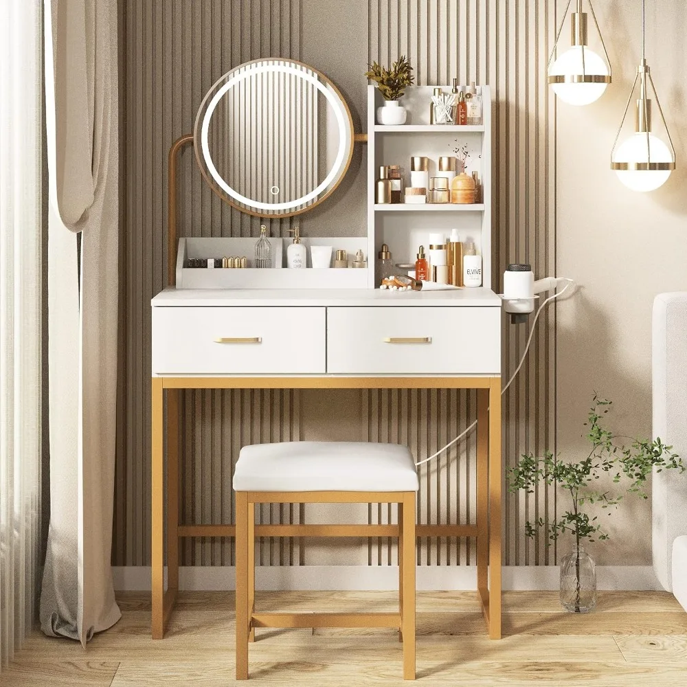 Makeup Vanity Desk with Round Mirror and Lights, White Vanity Makeup Table, Small Vanity Table for Bedroom , 31.5in(L)
Makeup Vanity Desk with Round Mirror and Lights, White Vanity Makeup Table, Small Vanity Table for Bedroom , 31.5in(L)