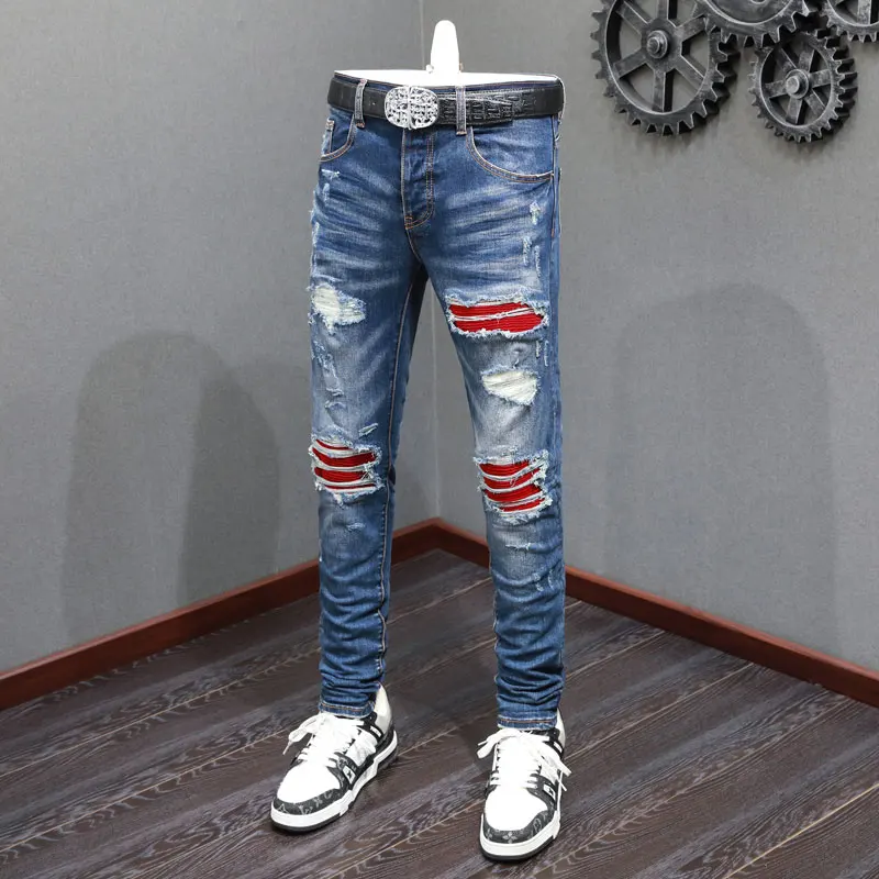 

High Street Fashion Men Jeans Retro Blue Stretch Skinny Fit Ripped Jeans Men Brand Designer Patched Hip Hop Denim Pants Hombre