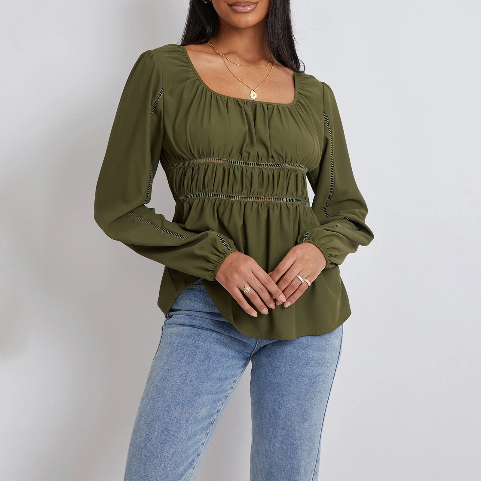 Casual Elegant Women Shirt Tops Solid Color for Spring Autumn Ruched Square Neck Long Sleeve High Waist Blouse
Casual Elegant Women Shirt Tops Solid Color for Spring Autumn Ruched Square Neck Long Sleeve High Waist Blouse