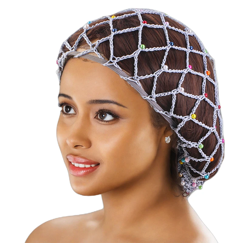 

Inlaid Colorful Pearl Hair Nets Long Pattern Cotton Wig Weaving Cap Mesh Base Machine Made With Hair Net For Women's Sleeping