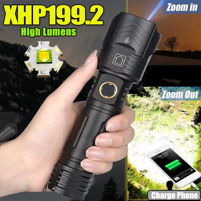 

Long Shot 1500m Powerful LED Flashlight 5200mAH USB Rechargeable High Lumens Portable Zoom Torch XHP199.9 Tactical Flash Lamp