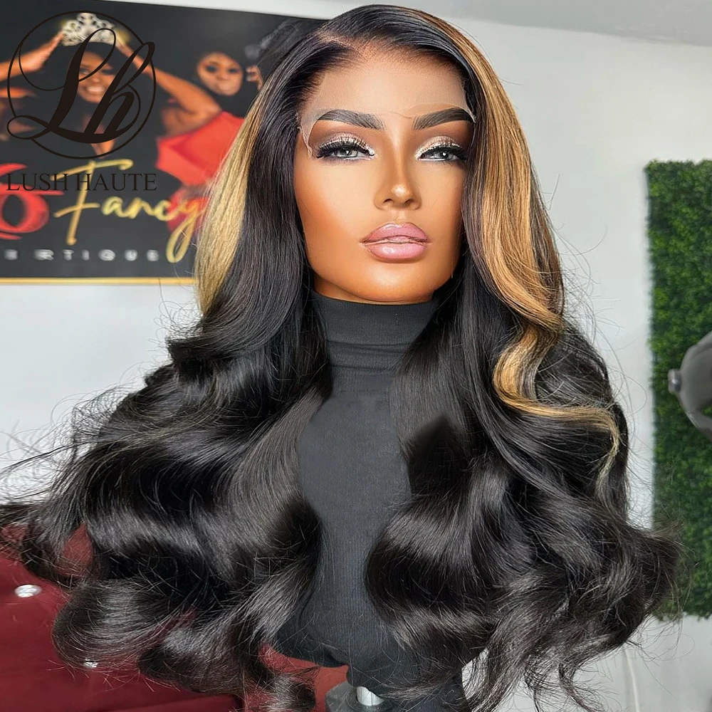 

Brown Bomb Skunk Stripe Wig Lace Front Wig Synthetic P27 Black Mixed Ombre Blonde /Green Body Wave Lace Front Wig Highlights Wig