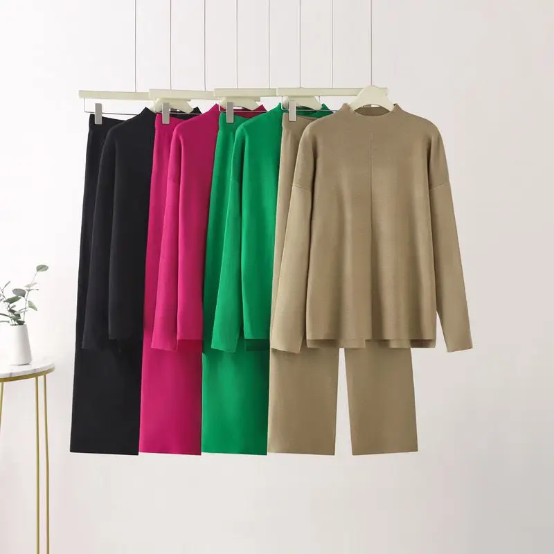 Design Lazy Style Outfits Solid Spring Autumn Mid High Neck Knitted Loose Pullover Sweater Straight Leg Two Piece Set For Women
Design Lazy Style Outfits Solid Spring Autumn Mid High Neck Knitted Loose Pullover Sweater Straight Leg Two Piece Set For Women