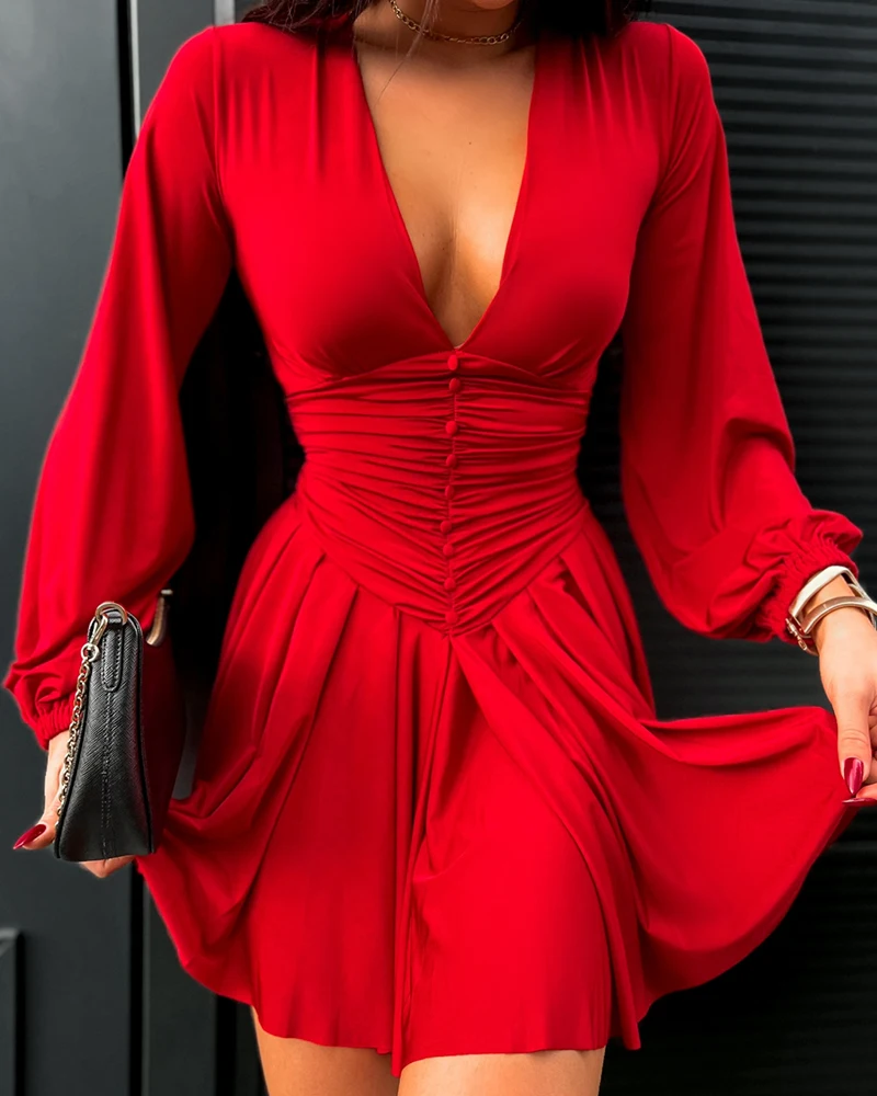 Women Fashion V Neck Solid Color Daily Wear A-Line Dress Sexy Plunge Ruched Lantern Sleeve Dress
Women Fashion V Neck Solid Color Daily Wear A-Line Dress Sexy Plunge Ruched Lantern Sleeve Dress