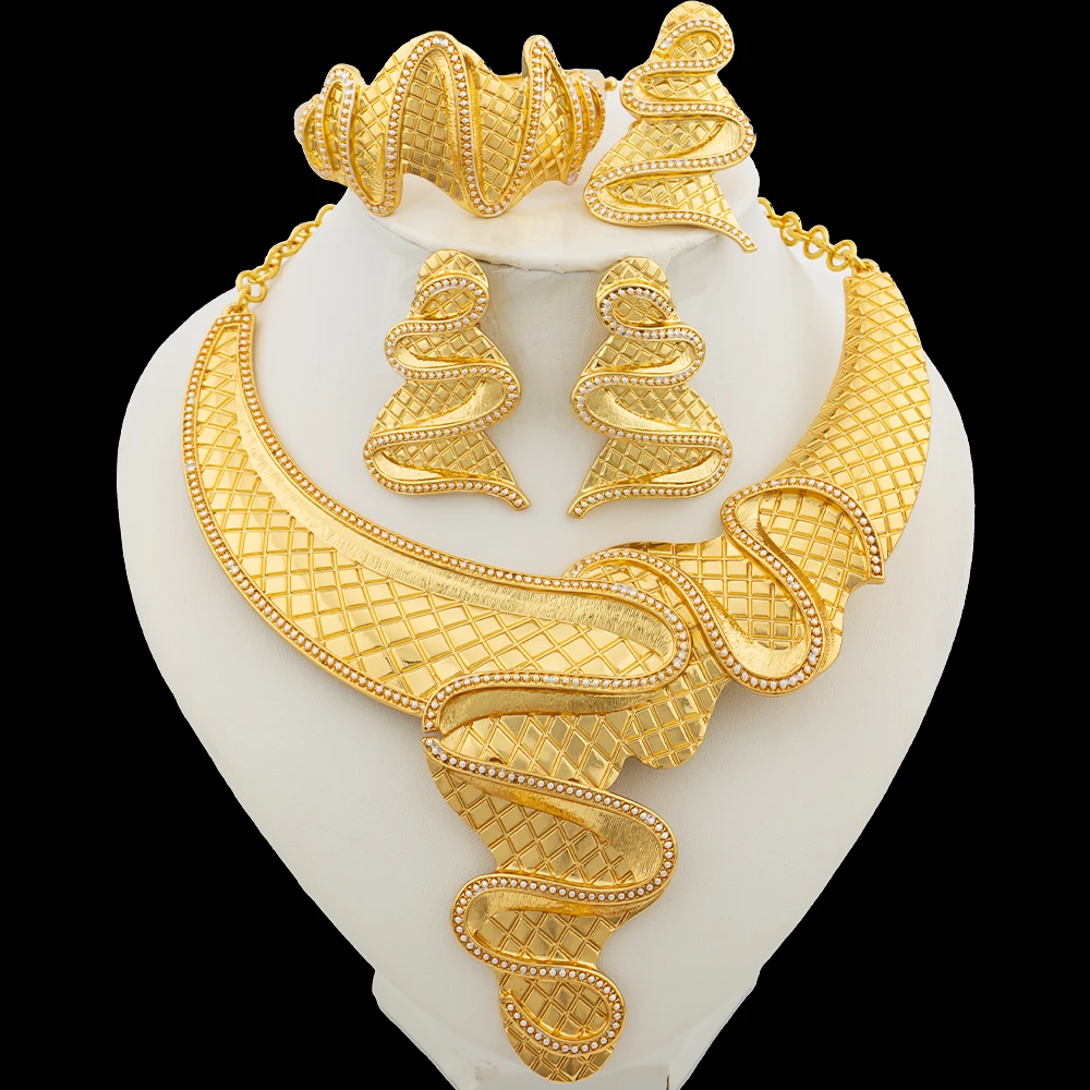 Dubai Golden Plated Jewelry Set for Women Large Design Necklace and Earrings for Bridal Bangle Ring Weddings Engagement Gifts
Dubai Golden Plated Jewelry Set for Women Large Design Necklace and Earrings for Bridal Bangle Ring Weddings Engagement Gifts
