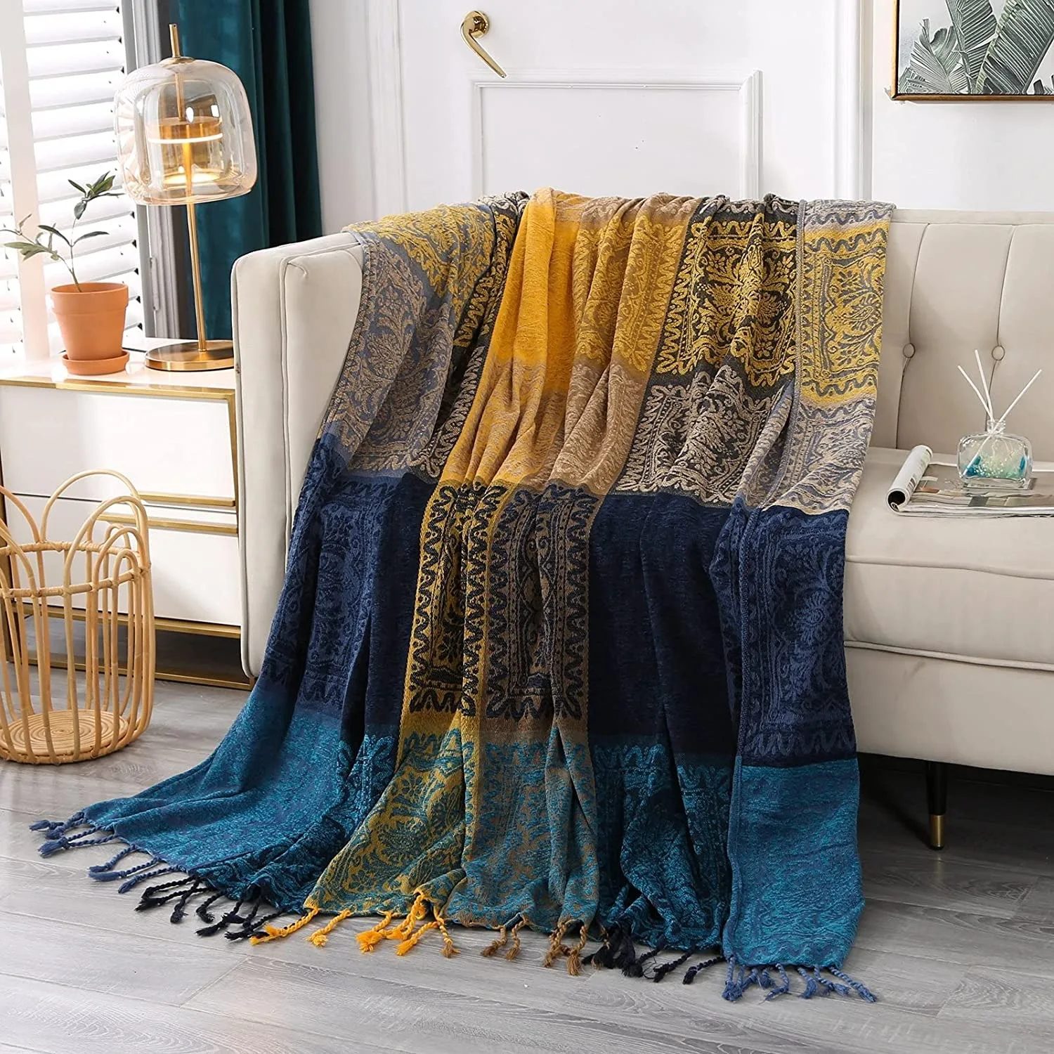 

Inyahome Hippie Throw Blankets Chenille Jacquard Tassels Boho Colorful Decorative for Bed Couch Sofa Soft Chair for Bohemian