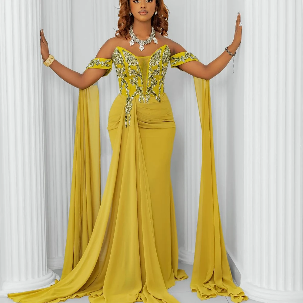 Yellow Chiffon Mermaid Evening Dresses for Women Off Shoulder Sweet Heart Sweep Train Sequined Appliques African Prom Party Gown
Yellow Chiffon Mermaid Evening Dresses for Women Off Shoulder Sweet Heart Sweep Train Sequined Appliques African Prom Party Gown