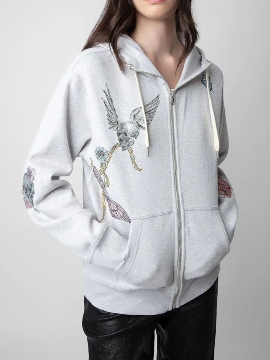 Women Hooded Sweatshirt Skull Butterfly Letter Rhinestones Zipper Casual Female 2024 New Spring Hoodies with Pockets
Women Hooded Sweatshirt Skull Butterfly Letter Rhinestones Zipper Casual Female 2024 New Spring Hoodies with Pockets