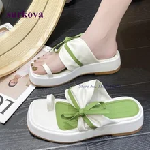 Green Platform Flip Flops 2022 New Designer Square Toe Height Increasing Women's Slippers Leather Lace Up Solid Summer Casual Green Platform Flip Flops 2022 New Designer Square Toe Height Increasing Women's Slippers Leather Lace Up Solid Summer Casual