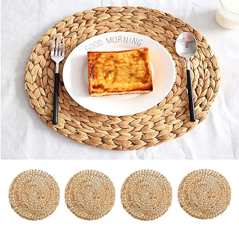 

1PC Natural Table Mat Handmade Woven Placemat Round Braided Mat Heat Resistant Hot Insulation Anti-Skidding Pad