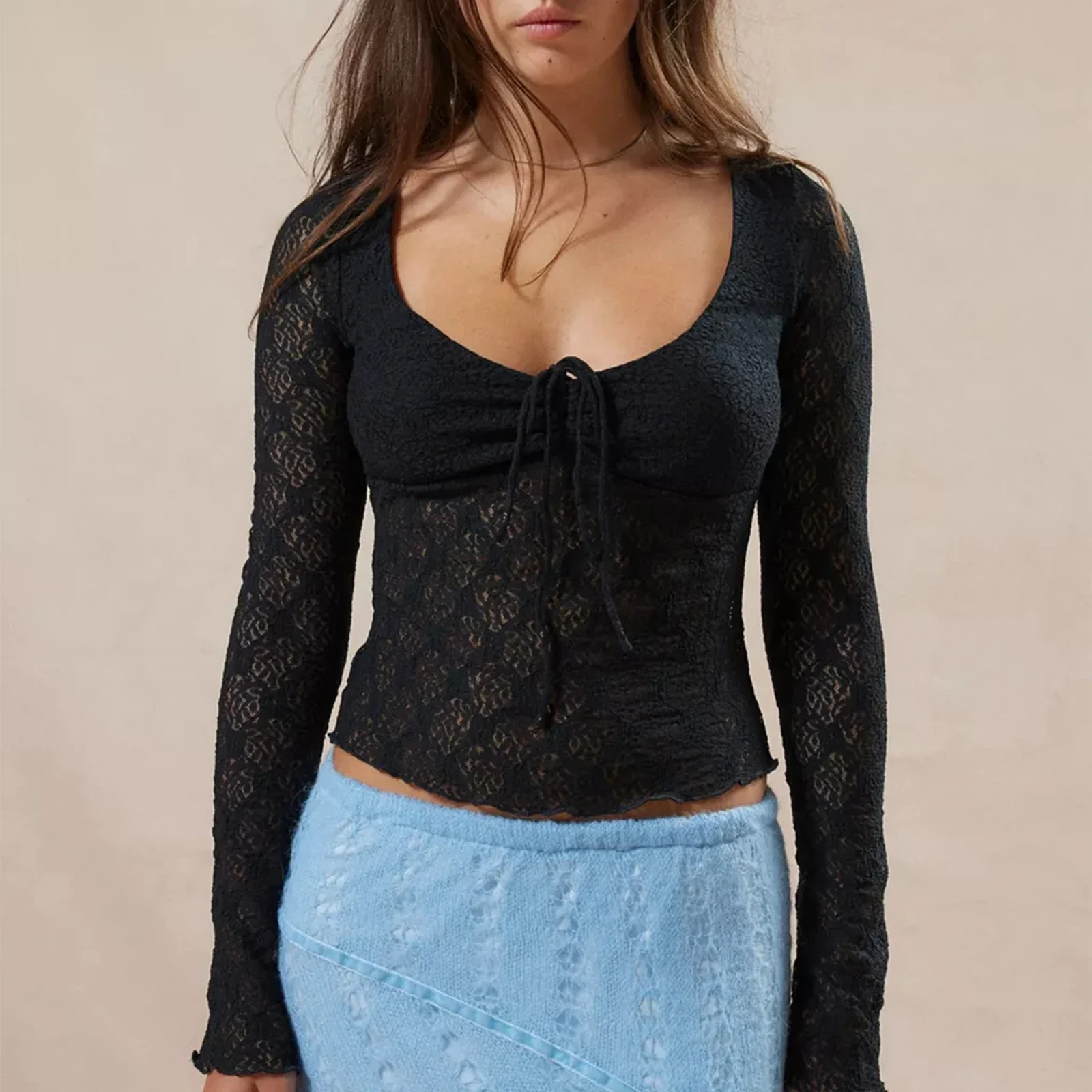 

Y2k hirigin Long Sleeve U Neck Sheer Floral Lace Top Slim Fit T-Shirt Coquette Crop Top Sexy See Through Mesh Aesthetic Clothes