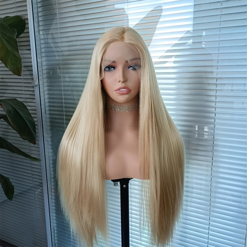 

FANXITION Blonde Long Silky Straight Synthetic Wig with Natural Hairline Lace Front Wig for Women Heat Fiber Hair Daily Use Wig