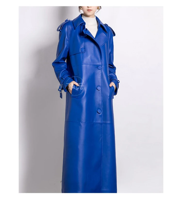 

2024 Spring Autumn Extra Long Luxury Elegant Blue Soft Pu Leather Trench Coat for Women Stylish Runway European Fashion