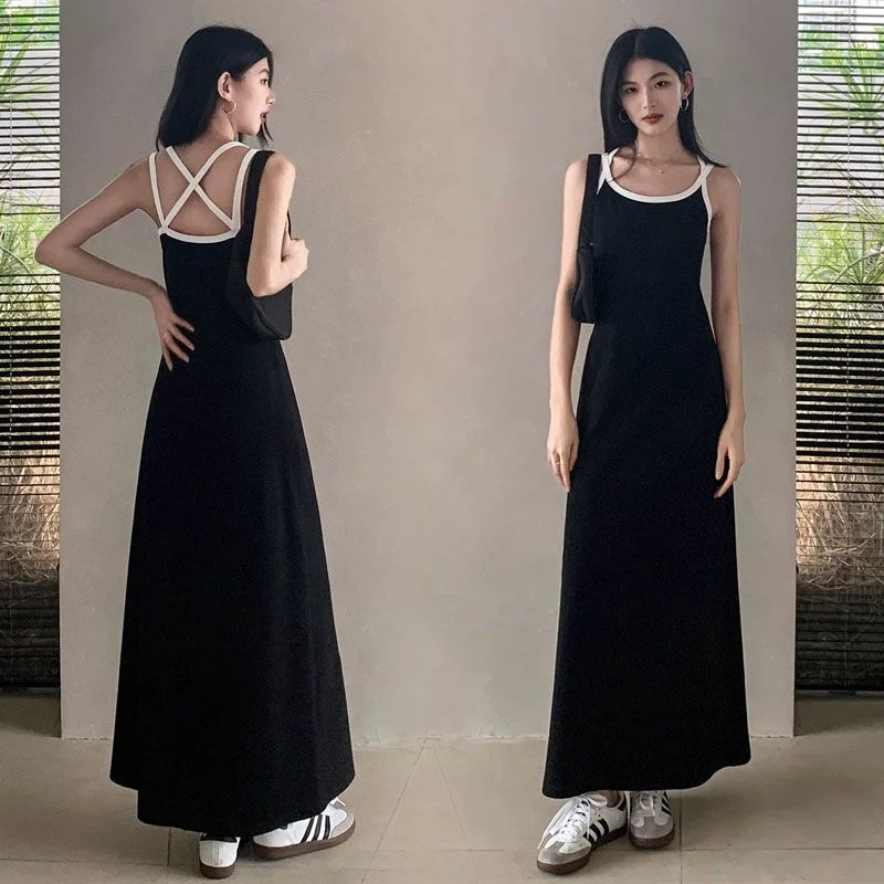 

Deeptown Korean Style One Piece Black Dress Women Y2k Aesthetic Backless Spaghetti Strap Long Corset Dresses Summer Vestidos