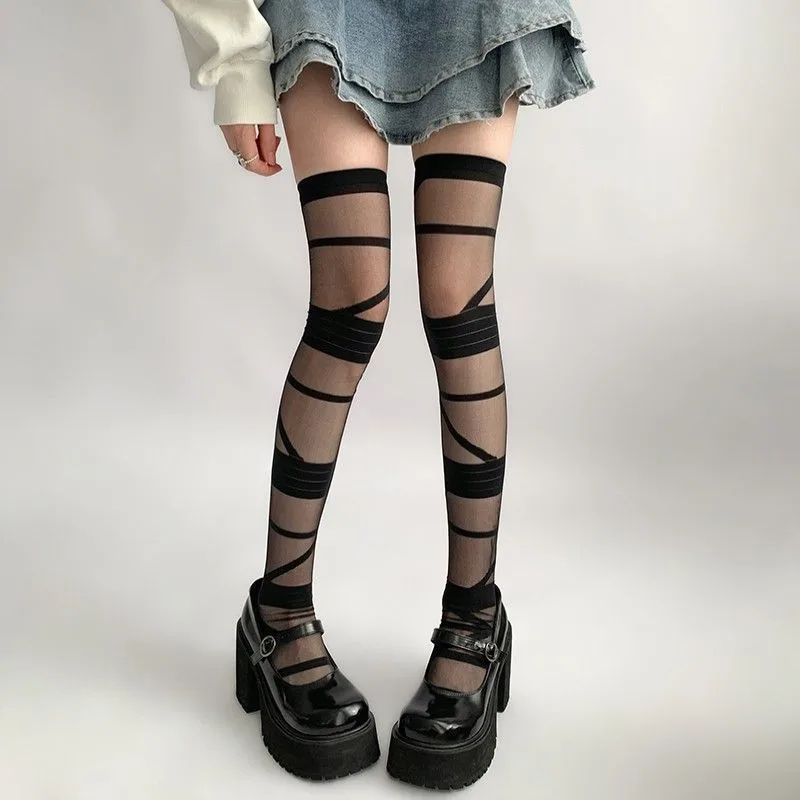 

Tie Up Pile Socks Spicy Girl Black and White Bandage Long Tube Knee Length Stockings Lolita Thin Striped Stockings Thick High