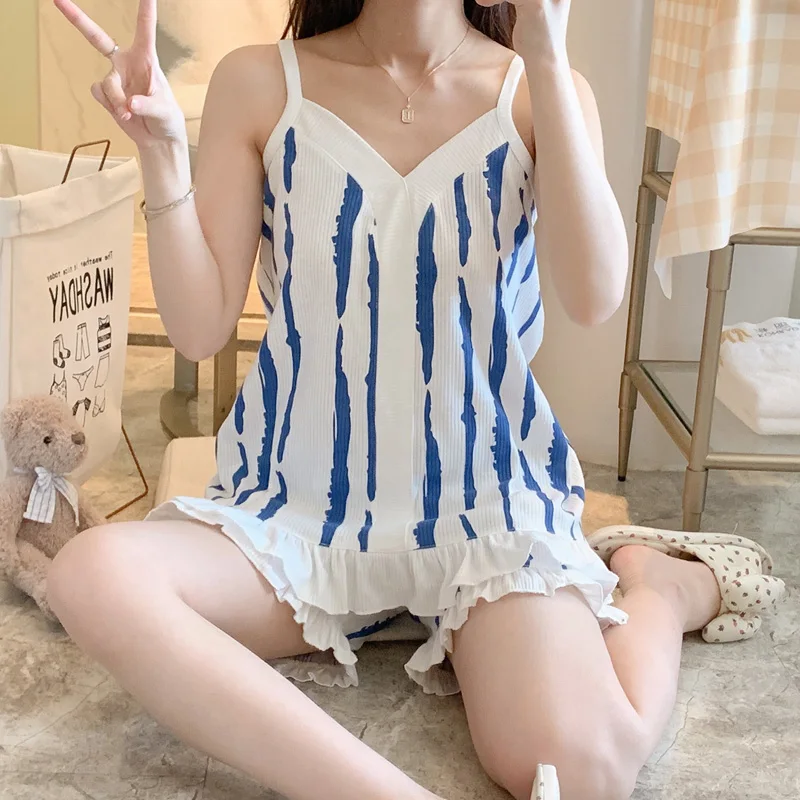 Women's Sleepwear Cotton Sexy Pajama Set Blue Lace Stripe Pyjamas Sleeveless Backless Top and Shorts with Chest Pad Pajamas Set
Women's Sleepwear Cotton Sexy Pajama Set Blue Lace Stripe Pyjamas Sleeveless Backless Top and Shorts with Chest Pad Pajamas Set
