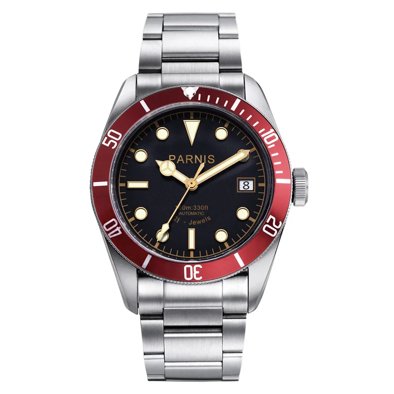 

Luxury Parnis 41mm Red Bezel Automatic Mechanical Men Watches Stainless Steel Bracelet Sapphire Crystal Men Watch reloj hombre