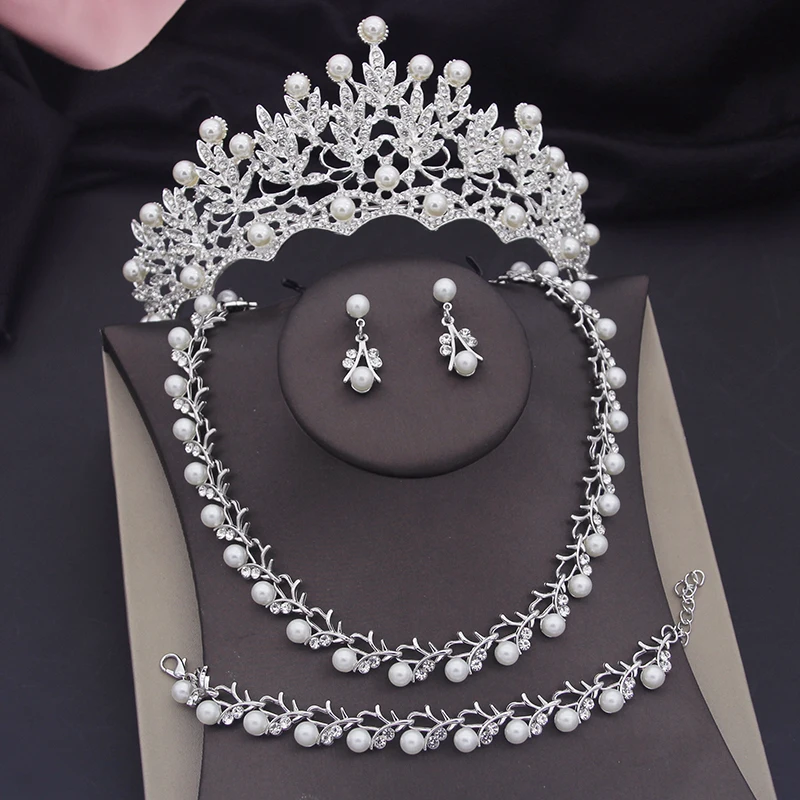 

Luxury Pearls Bridal Jewelry Sets for Women Tiaras Bracelets Necklace Sets Wedding Crown Bride Jewelry Set Accessories