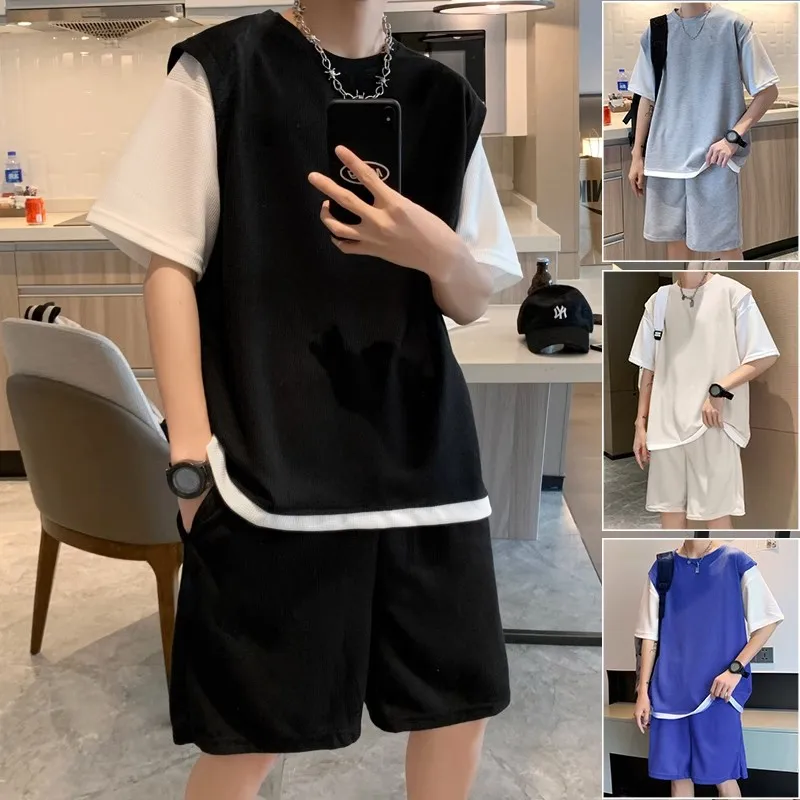 

Sets Men Two Piece Set Patchwork T-shirts Baggy Fashion Shorts Handsome Teens Japanese Stylish Casual Summer Korean W86