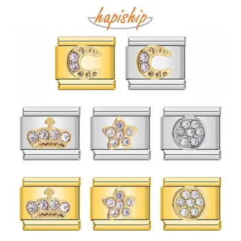 Brincos Exclusivos e Delicados: Um Toque de Elegância e Estilo 11 Hapiship Popular Fashion Sweet Crown Wing Star Round CZ Charm Links Fit 9mm Bracelet Stainless Steel DIY Making Jewelry DJ013