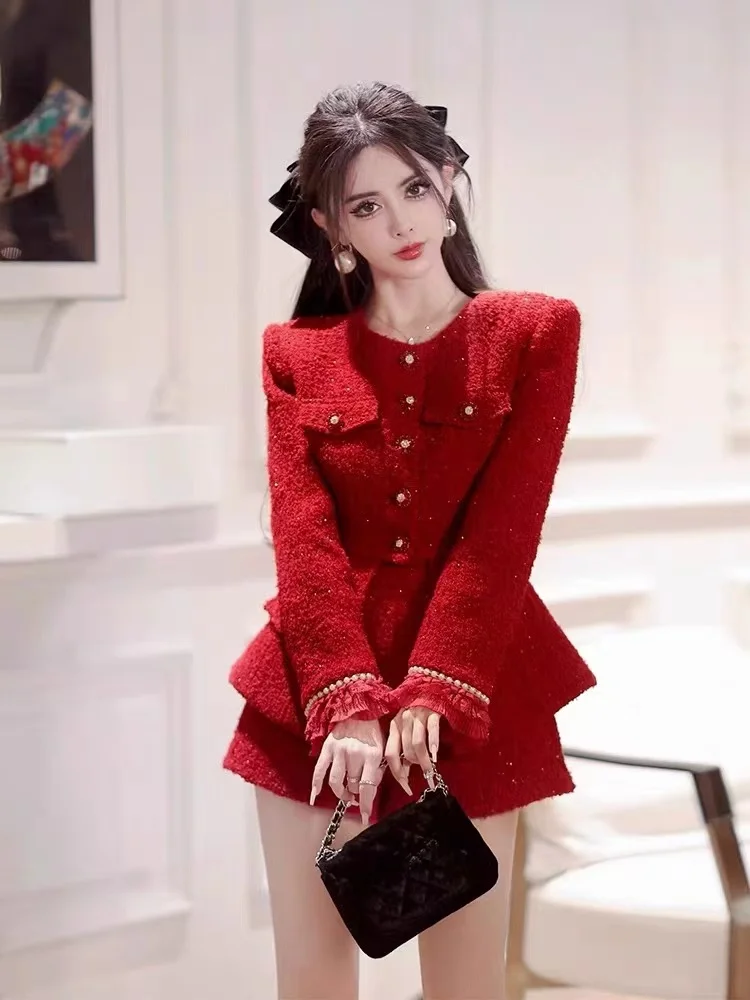 

2023 Trendy Christmas Co-ord Set for Petite Frames: Chic Red Ensemble for A Stylish Look Women Female Office Lady Suit Set New