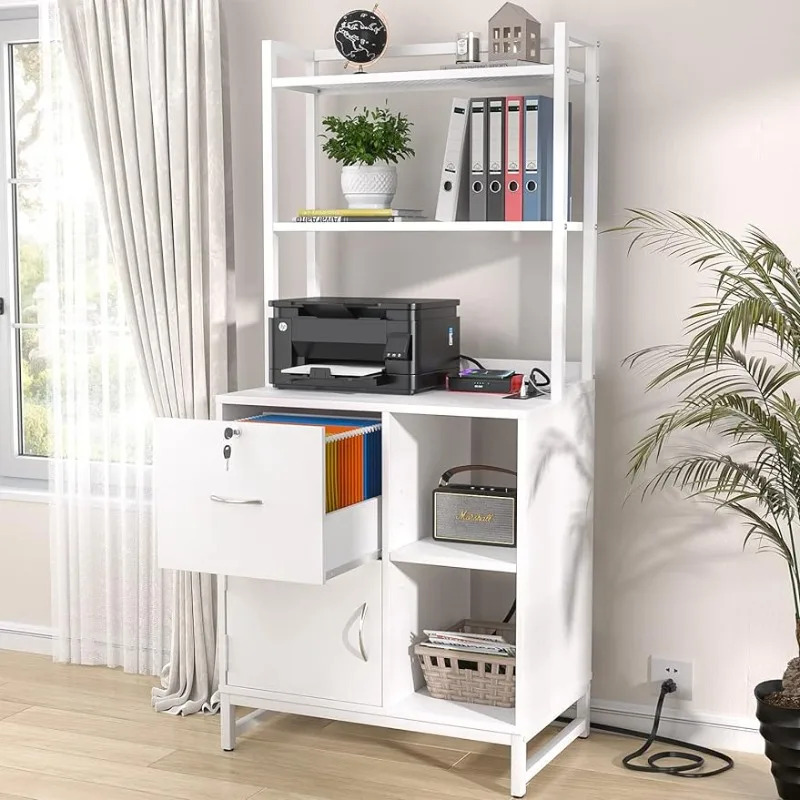 

Vertical Filing Cabinet with Lock & Charging Station,Large Drawer Wood File Cabinet with Bookshelf,Printer with Storage Shelf