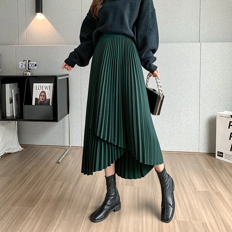 

Vintage Irregular Asymmetrical Pleats Folds Solid Women's Skirt Korean Fashion Elastic High Waist Mid-Calf Long Skirts For Women