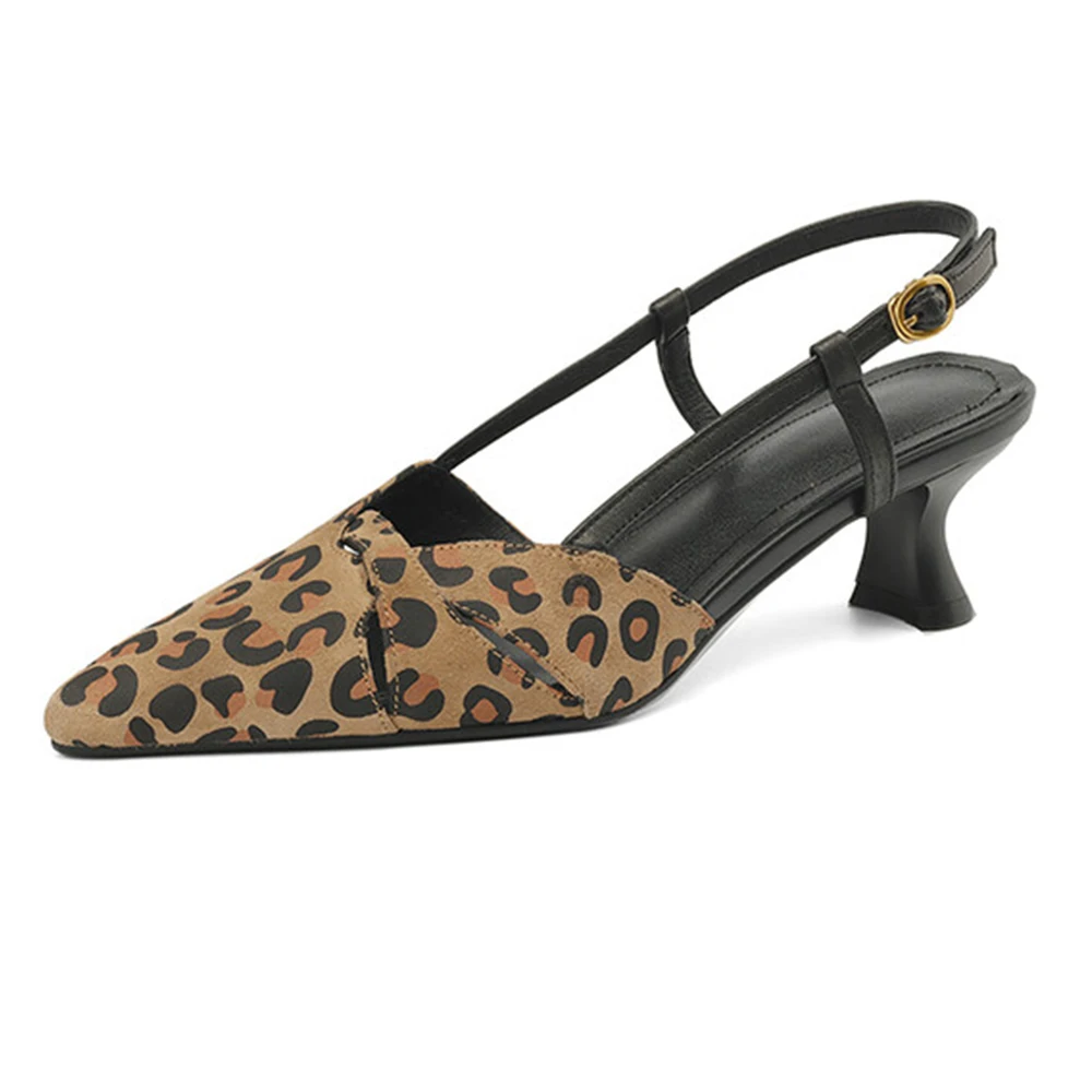 

Leehmzay Size 33-40 Women Sexy Leopard Sandals Suede Real Leather Kitten High Heels Summer Slingback Shoes Sexy Party Office