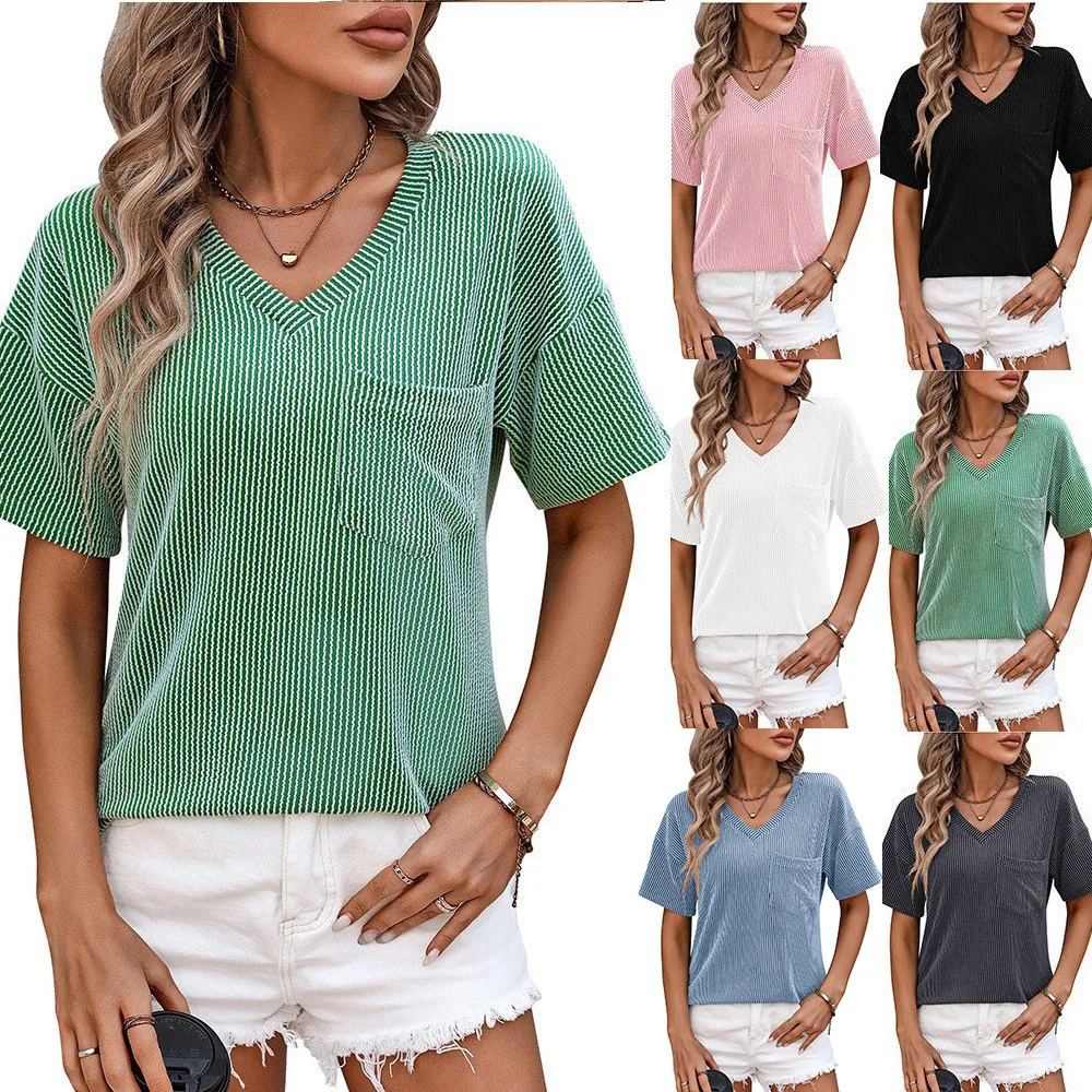 

Amazon Foreign Trade Europe and America Cross Border 2024 Summer New V-neck Twist Strip Color Matching Short Sleeve Loose