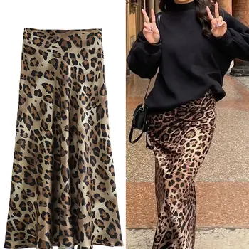 Vista-se com Elegância: Saia de Tule com Estampa de Leopardo da TRAF 14 TRAFZA 2024 Women Fashion Leopard Print Skirt Vintage High Waist Midi Skirts Elegant Women Summer Casual Streetwear Skirt