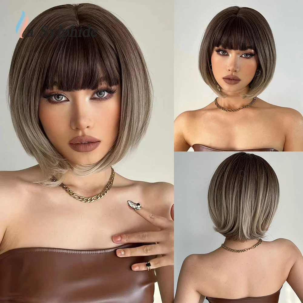 

La Sylphide Short Bob Straight Synthetic Deep Brown To Brown Wig With Bang for Women Natural Daily Cosplay Heat Resistant Hair