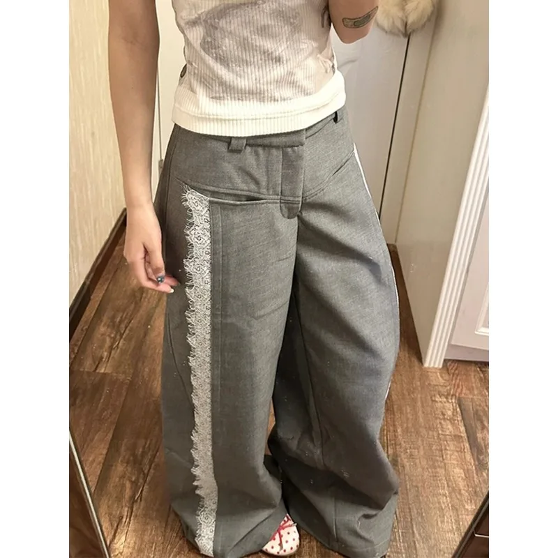 

Korean Retro Contrast Color Lace Splicing Casual Pants Women 2024 Summer New High-waisted All Match Loose Wide Leg Pants