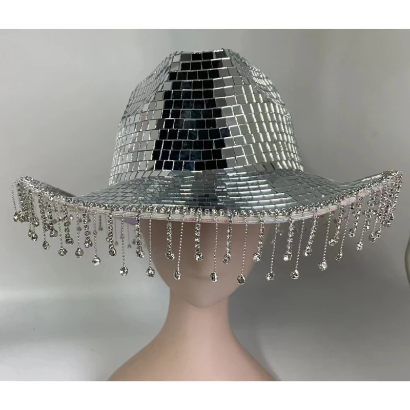 

New Sparkling Cowboy Hat Mirror Handmade Tassels for Bachelorette Party Ball Cowboy Hat Hat for Actor Actress